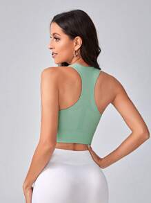 SHEIN Daily&Casual 素色工字運動型胸罩 - 綠色 - 查看 2