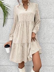 SHEIN VCAY Allover Print Notched Neckline Ruffle Hem Smock Dress - Apricot - View 3