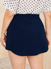 SHEIN Privé 大碼高腰紐扣細節裙裤 - 藏蓝色 - 查看 3