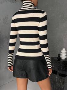 Celisse Striped Pattern Turtleneck Sweater,Long Sleeve Tops Knit Pullover Fall Winter Outfit - Multicolor - View 2