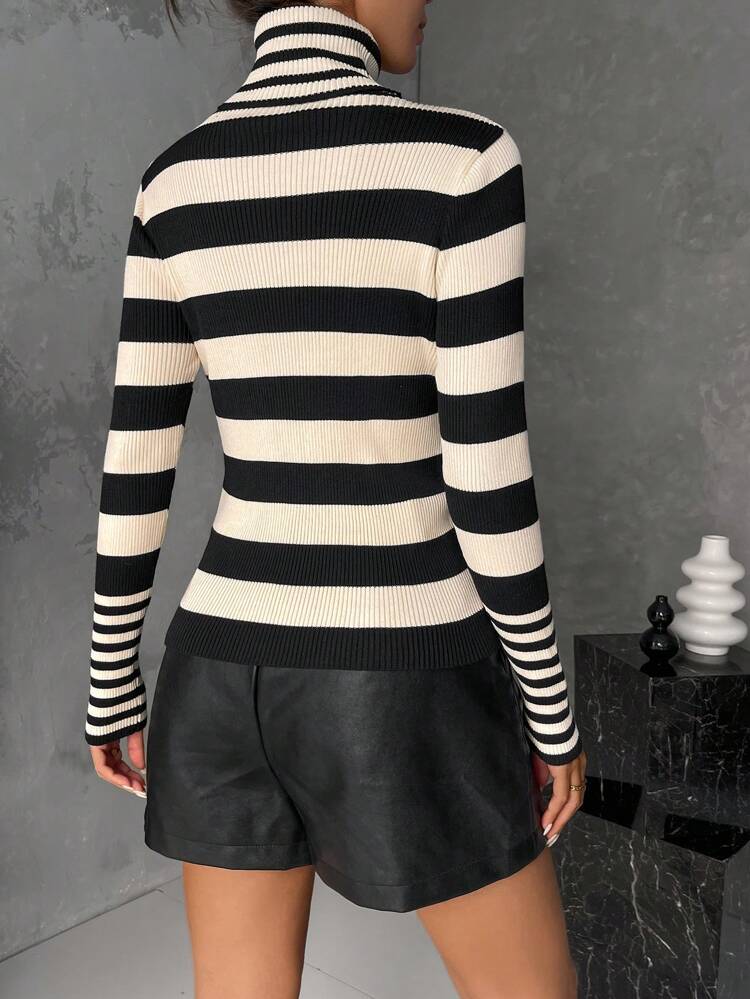Striped Pattern Turtleneck Sweater,Long Sleeve Tops Knit Pullover Fall Winter Sweater