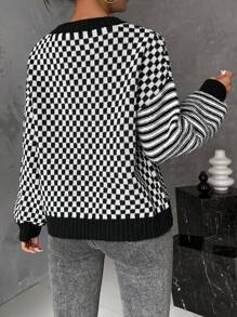 SHEIN LUNE Striped And Checker Pattern Drop Shoulder Knit Pullover Fall Winter Sweater - Multicolor - View 2