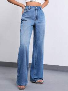 SHEIN ICON Quần Jean Ống Rộng Coolmax Zipper Fly - Màu xanh lam - Xem 4