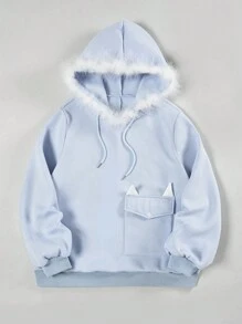 SHEIN Qutie 加大码翻盖口袋毛边抽绳卫衣 - 藍色 - 查看 3