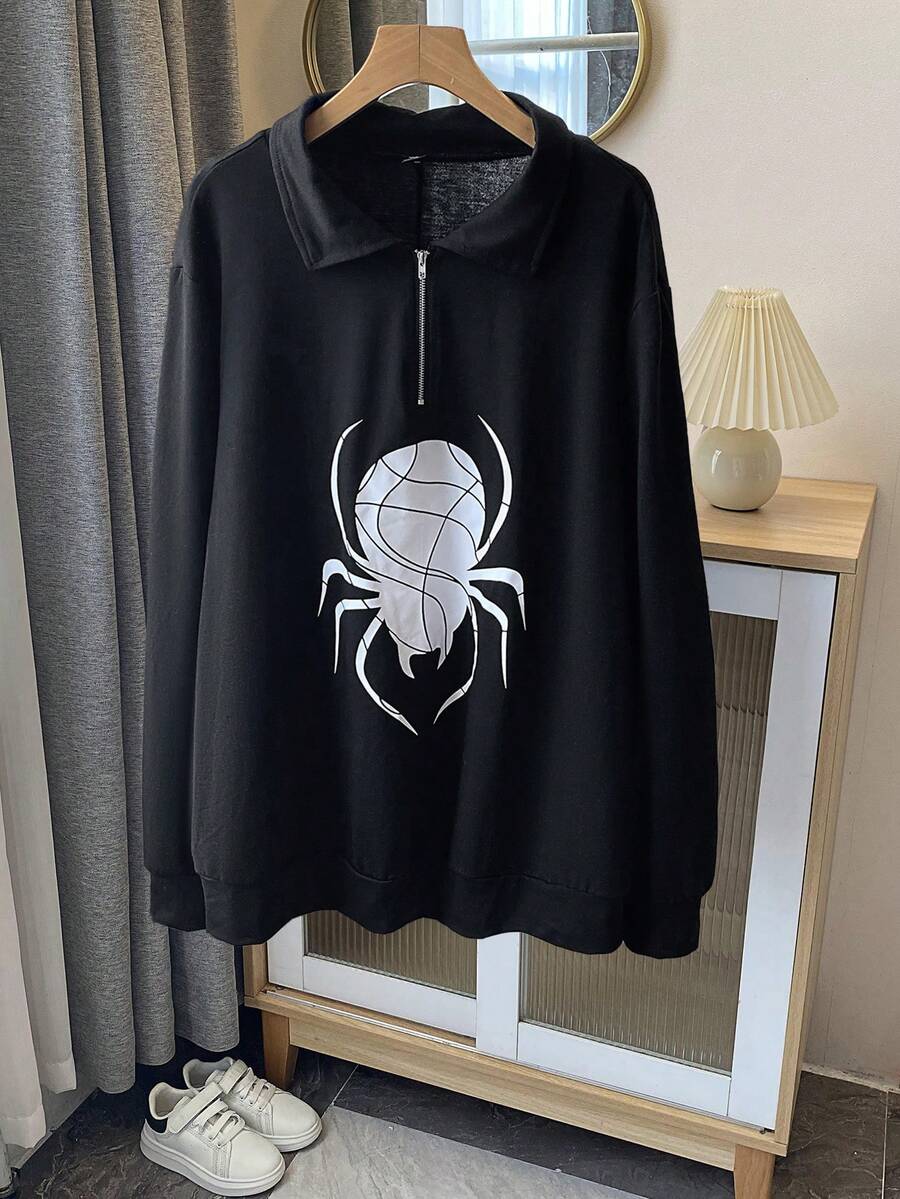 SHEIN LUNE Plus Spider Print Quarter Zip Sweatshirt - Black - View 1