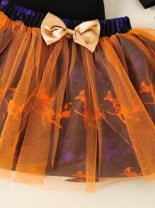 Baby Girl Letter Graphic Ruffle Trim Bodysuit & Bow Front Mesh Overlay Skirt - Multicolor - View 6