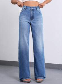 SHEIN ICON Quần Jean Ống Rộng Coolmax Zipper Fly - Màu xanh lam - Xem 1