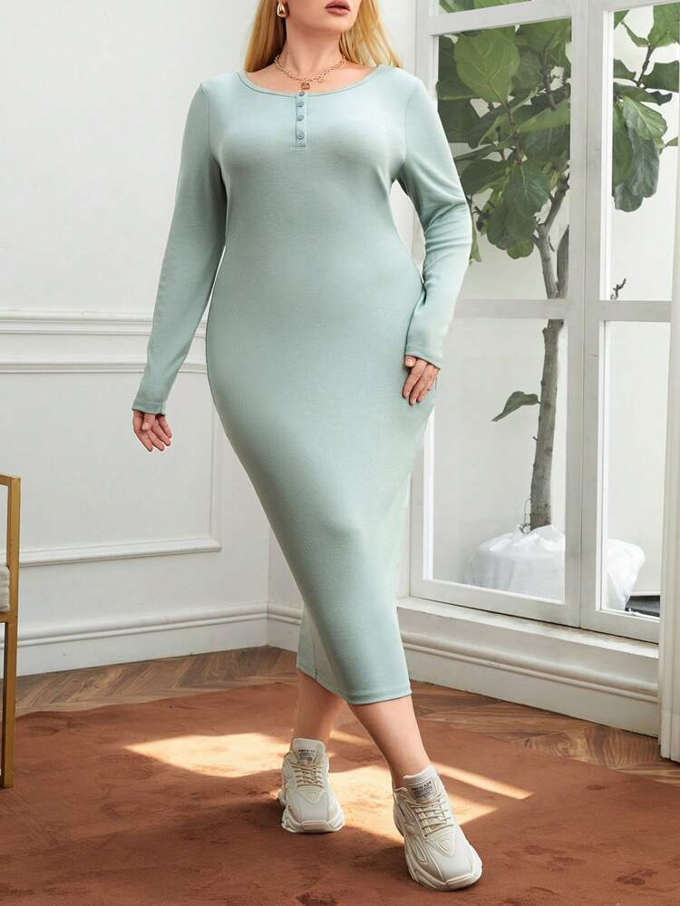 Plus Solid Button Front Bodycon Dress