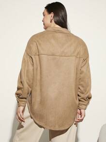 SHEIN BASICS Plus Button Up Hooded Coat - Khaki - View 2