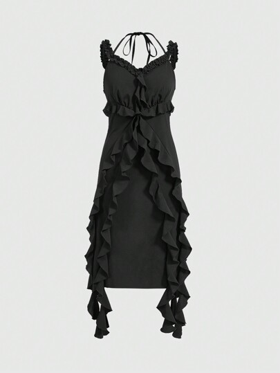 Goth Women's Elegant And Romantic Solid Color Date Night Dress With Ruffle Trims And Decorative Straps