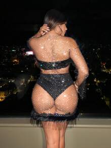 SHEIN X GiudiceGirls 毛茸邊水鑽鉚釘細節薄透緊身洋裝不附帶內衣褲套裝 - 黑色 - 查看 8