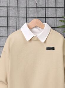 SHEIN Tween Boy Letter Patched Contrast Collar Drop Shoulder Sweater Without Shirt - Khaki - View 5