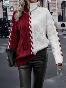 SHEIN LUNE Jersey de dos tonos de cuello cisne tejido de cable de hombros caídos - Rojo - Ver 5