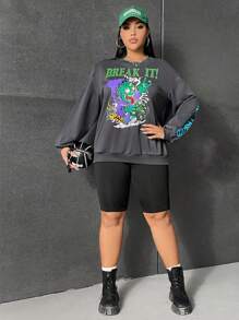 SHEIN EZwear 大碼字母和卡通圖案落肩袖運動衫 - 深灰色 - 查看 6