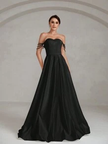 Off Shoulder Kết cườm Chi tiết Xa ten Ống Váy dự tiệc - màu đen - Xem 6
