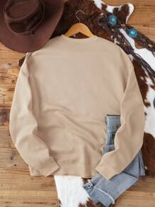 SHEIN EZwear Đồ họa trái tim & khẩu hiệu Lót nhiệt Áo nỉ - Màu Khaki - Xem 2