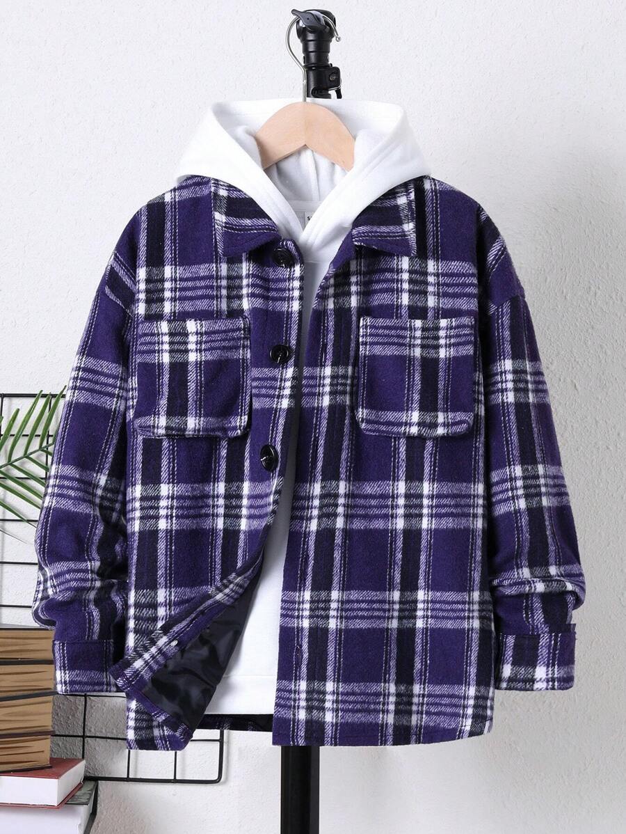 SHEIN Tween Boy Plaid Print Flap Pocket Overcoat Without Hoodie