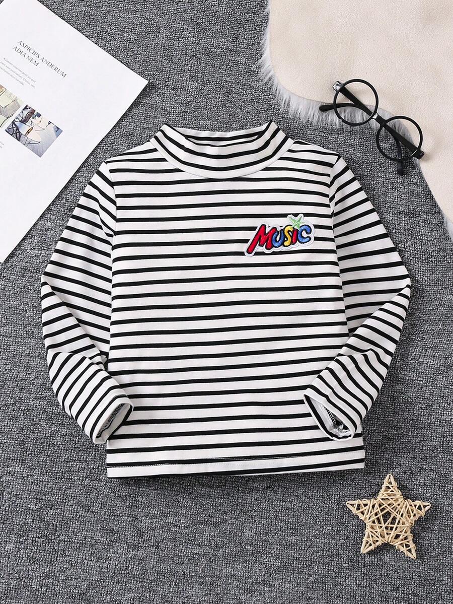 SHEIN Young Boy Striped & Letter Patched Mock Neck Tee - Black and White - View 1