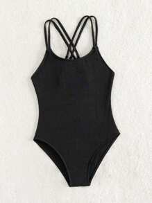 Cô gái Tween Thánh giá Đồ bơi một mảnh - màu đen - Xem 4