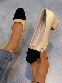 方頭粗跟PU皮革高跟鞋 - 杏色 - 查看 5