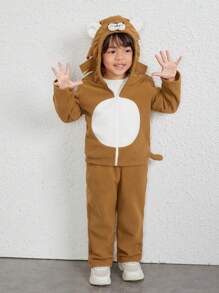 SHEIN Young Boy Cartoon Embroidery 3D Ears Design Hooded Jacket & Pants - Brown - View 1