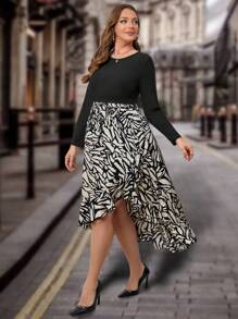 SHEIN Clasi Plus Robe Imprimé Graphique À Volants - Noir et Blanc - Voir 3