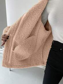 DAZY Lapel Neck Raglan Sleeve Teddy Coat Women Jacket,Fall Women Clothes - Khaki - View 4