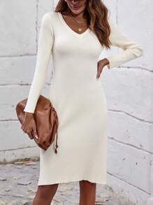 SHEIN Clasi 素色V領毛衣洋裝 - 米色 - 查看 4