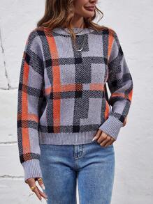 SHEIN LUNE Jersey con patrón de cuadros de hombros caídos