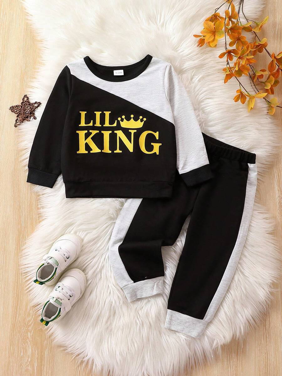 男小童字母圖案撞色運動衫&拼接側邊接縫衛褲 - 黑色 - 查看 1