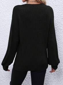 SHEIN LUNE Suéter de punto con caída de hombros y estampado de letras para otoño e invierno - Negro - Ver 2