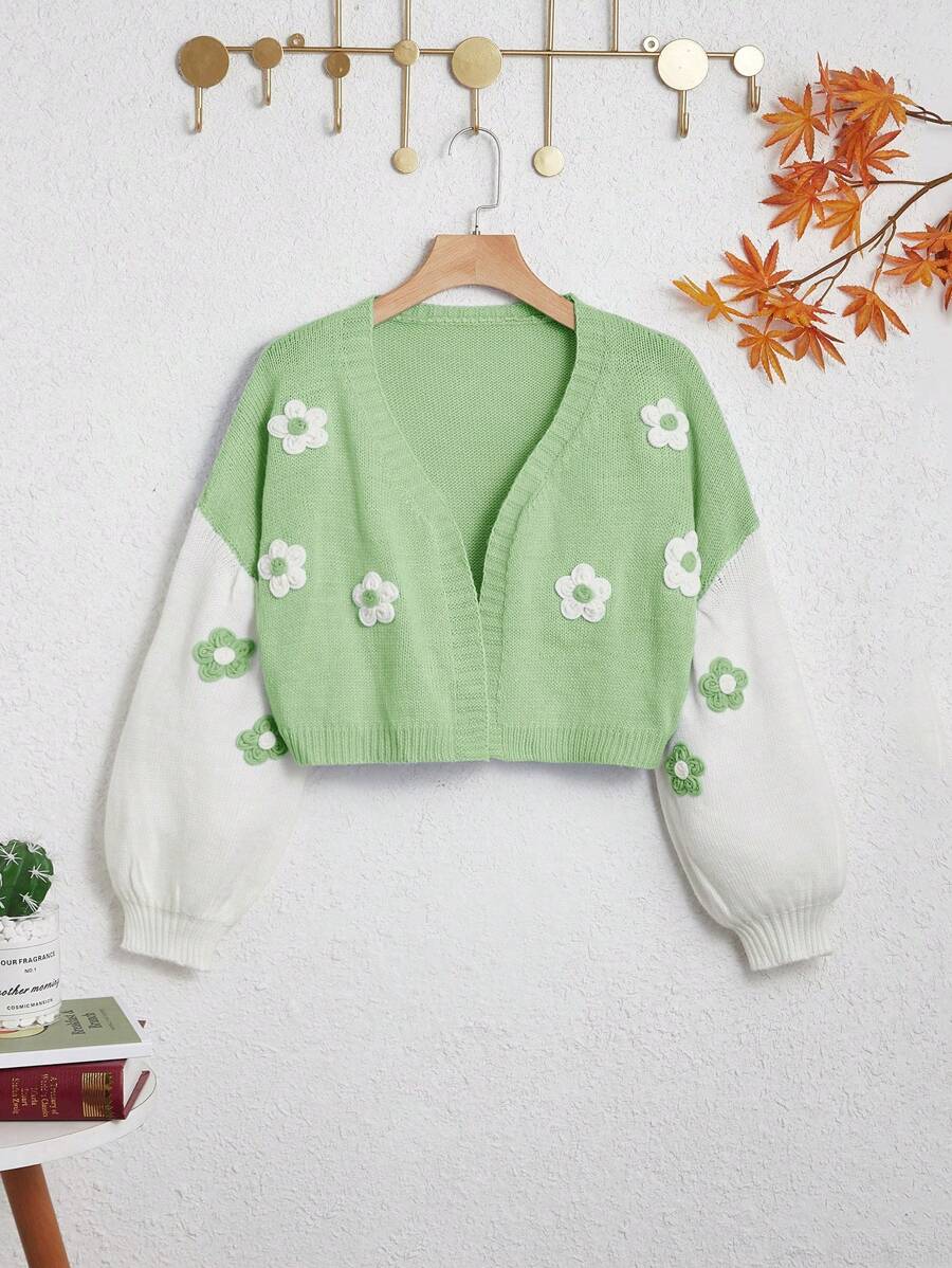 SHEIN Teen Girl Floral Patched Drop Shoulder Two Tone Cardigan - Mint Green - View 1