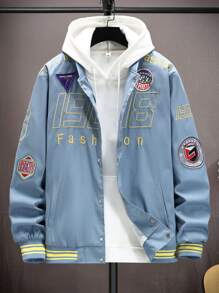 Manfinity Homme Men Letter Graphic Striped Trim Bomber Jacket Without Hoodie - Blue - View 1
