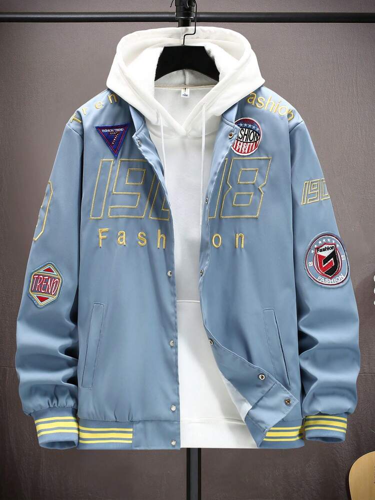 Men Letter Graphic Striped Trim Bomber Jacket Without Hoodie