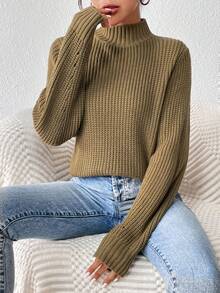 SHEIN Unity 小高領燈籠袖條紋針織套頭毛衣 - 卡其色 - 查看 4