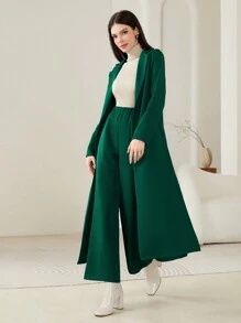 Mulvari Open Front Longline Blazer & Wide Leg Pants - Dark Green - View 1