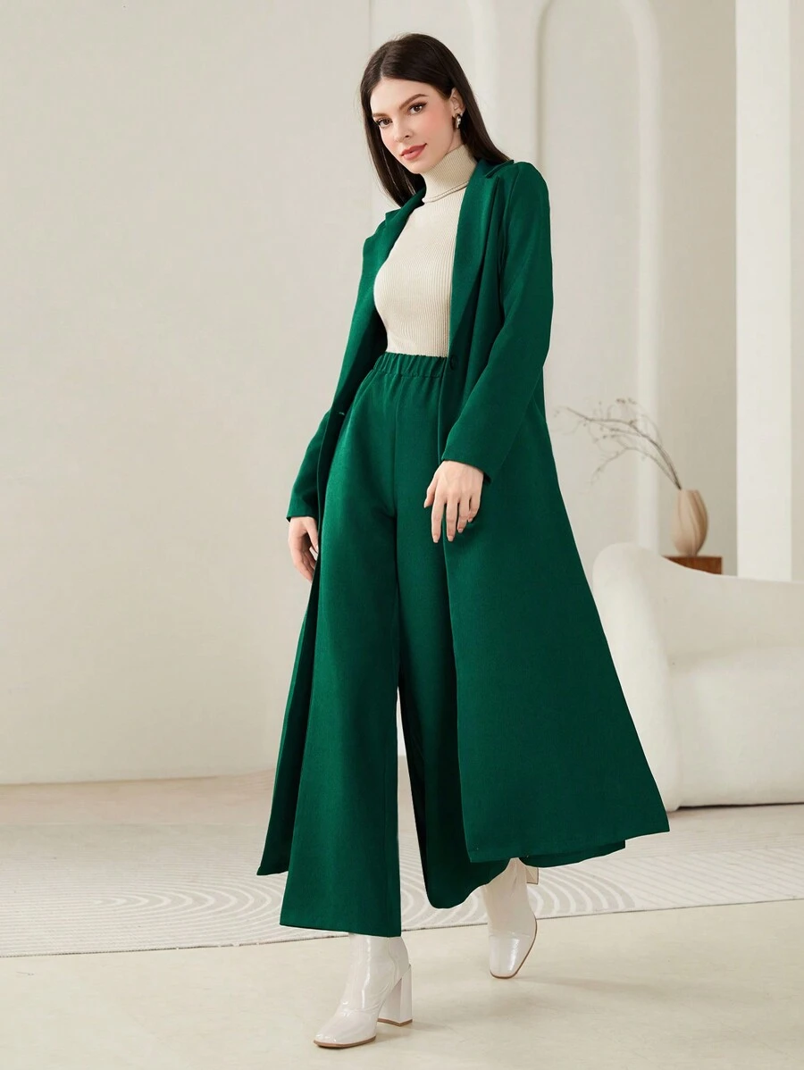 Mulvari Open Front Longline Blazer & Wide Leg Pants - Dark Green - View 1