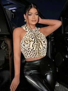 SHEIN SXY Leopard Print Crop Halter Top - Multicolor - View 3