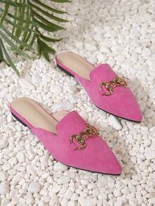 Pointed Toe Flat & Half-slip-on Design Women's Mules, Pink Slippers - Hot Pink - View 5
