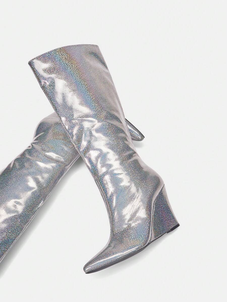 CUCCOO SZL Glitter Platform Heel Long Boots - Silver - View 1