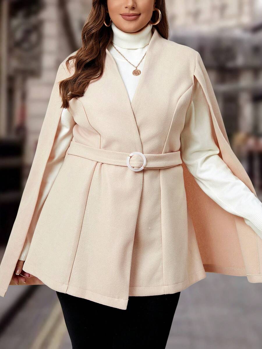 Flirla Plus Cloak Sleeve Belted Overcoat - Apricot - View 1