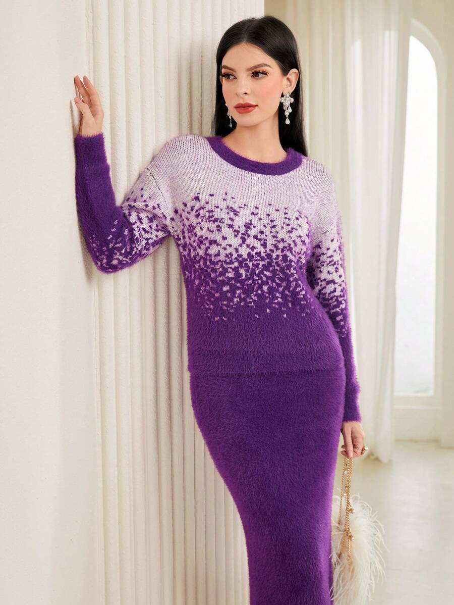 Modelyn Colorblock Sweater & Knit Skirt 2 Piece Set Fall Cloth For Women - Purple - View 1