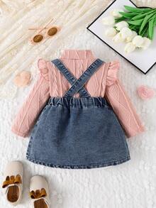 Baby Girl Ruffle Trim Mock Neck Tee & Denim Pinafore Skirt - Dusty Pink - View 2