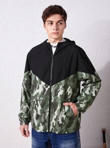 SHEIN Teen Boy Camo Print Colorblock Zip Up Hooded Coat - Multicolor - View 4