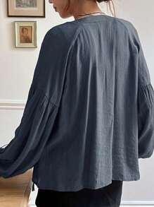 DAZY Casual Business Solid Color Lantern Sleeve Shirt Long Sleeve Top - Dusty Blue - View 9