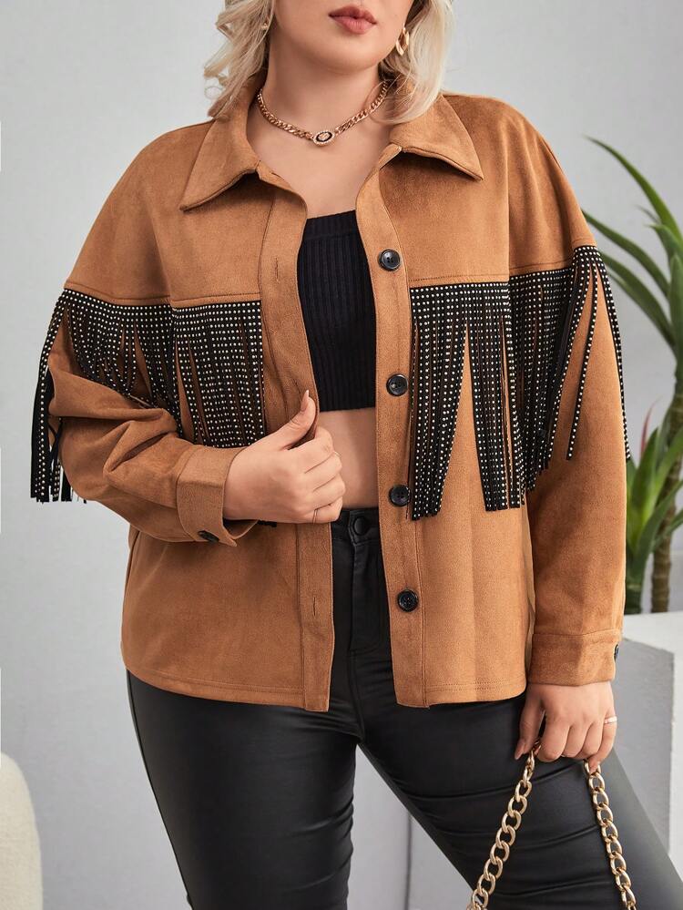 Plus Fringe Trim Drop Shoulder Suedette Jacket