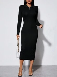 SHEIN PETITE Half Zip Bodycon Dress - Black - View 4