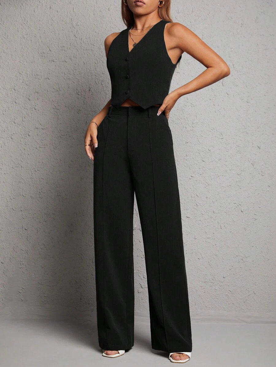 SHEIN PETITE Button Front Vest Blazer & Wide Leg Pants In Fall/Winter - Black - View 1