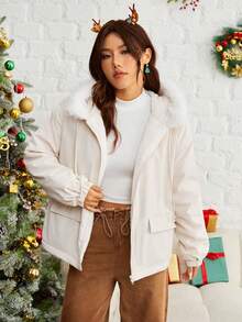 SHEIN EZwear Fuzzy Trim Hooded Drawstring Waist Plush Lined Jacket - Apricot - View 4