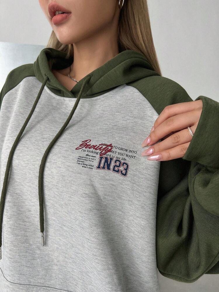 Slogan Graphic Raglan Sleeve Drawstring Hoodie Sweatshirt